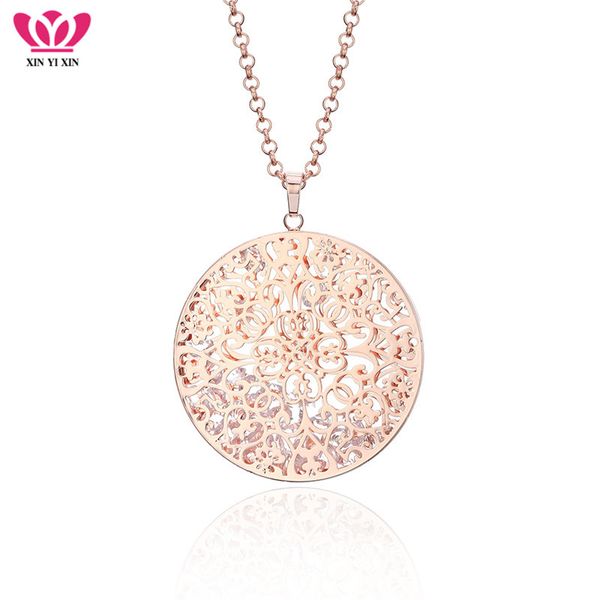 

new rose gold hollow flower pendant necklace geometric inside cz crystal long sweater fashion jewelry necklace for women gifts, Silver