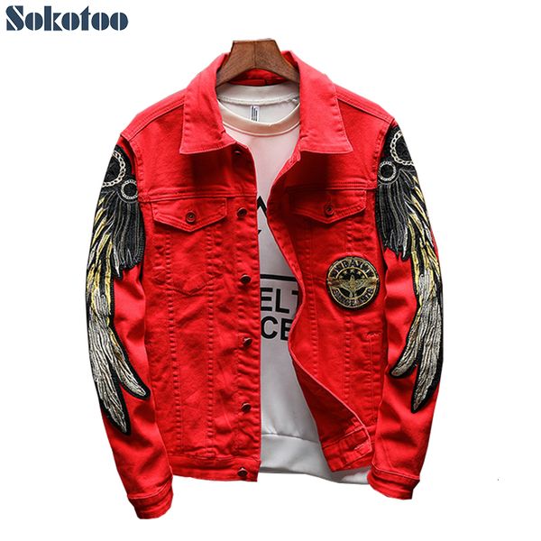 

sokotoo men's trendy wings embroidery jean jacket fleece or unlined slim denim coat black red v191022, Black;brown