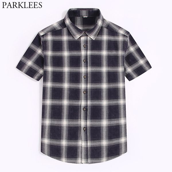 

big plaid short sleeve shirt men 2019 stylish slim fit grid checks gingham design mens dress shirts 100% cotton chemise homme, White;black