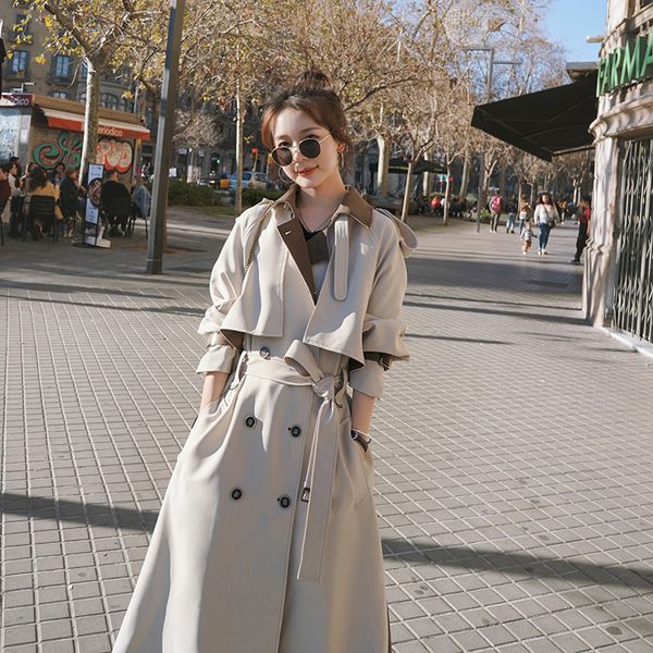 

women's trench coats 2021 korean contrast color double breasted vintage oversized spring autumn long coat for women b410, Tan;black