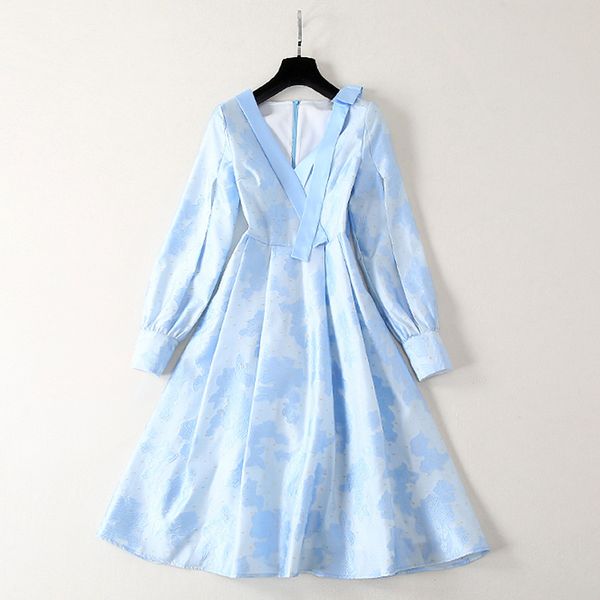 

knotted bow strap deep v neck knee length split fitted long sleeve dress jacquard women light blue dresses woman gown dress, Black;gray