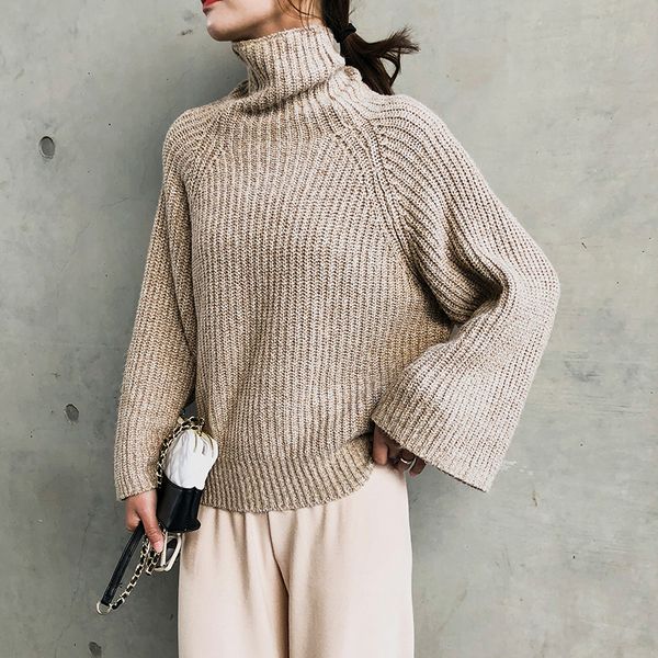 

women fashion solid casual knitted sweater female turtleneck oversized pullover ladies elegant loose sweater, White;black