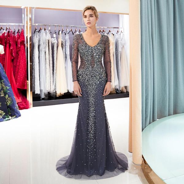 

2018 fashion long sleeve evening dresses women crystal beaded mermaid gown real sample, White;black