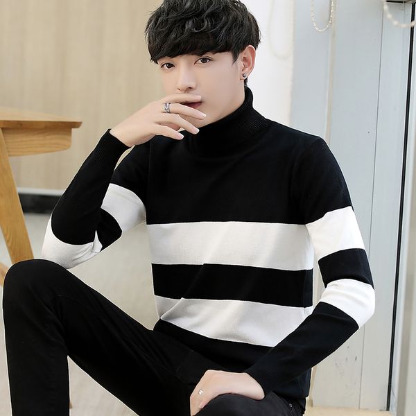 

coo2018 подростки тонкий высокий воротник плюс бархат толстый свитер новый с капюшоном полосатый теплый вязать свитер, White;black