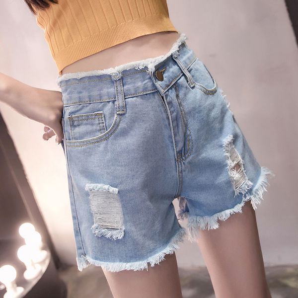 

hole pockets washed women denim shorts high waist ripped jeans shorts fashion summer femme, Blue