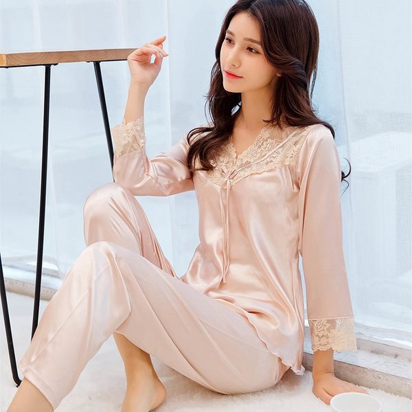 

women pajama sets ice silk spring autumn chiffon pajamas lace patchwork v-neck long sleeve + long pants solid sleepwear, Blue;gray