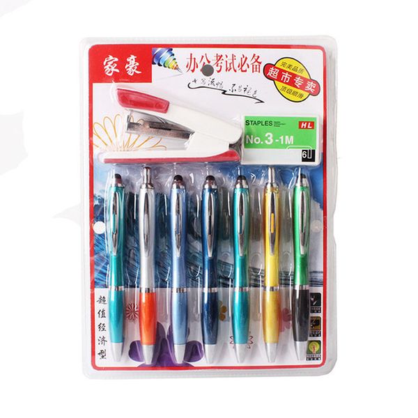 

student stationery 0.7mm refills pressed ballpoint pen stapler set gift stationery plastic ball pens for school office supplies, Blue;orange