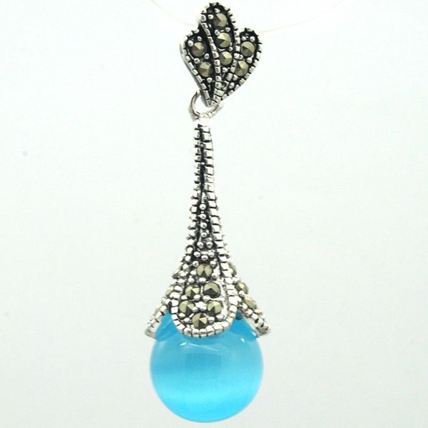 

925 sterling silver natural blue opal round bead marcasite necklace pendant 45*12mm