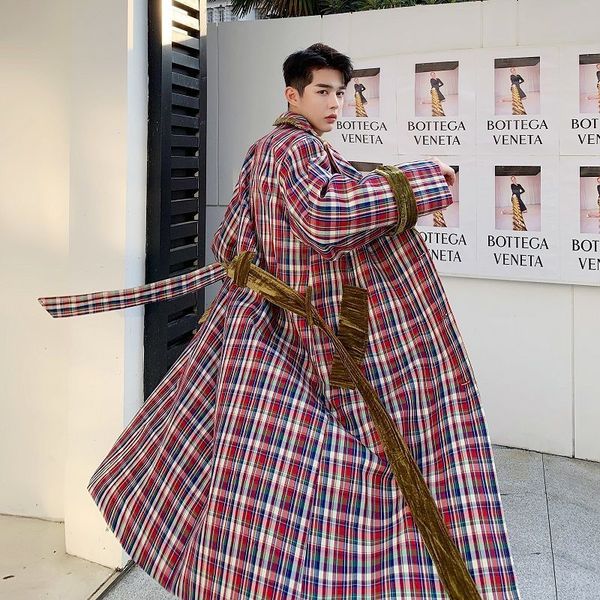 

2020 new fashion spring lattice high-end men and couple trend korean version lapel long-sleeved street trench coat, Tan;black