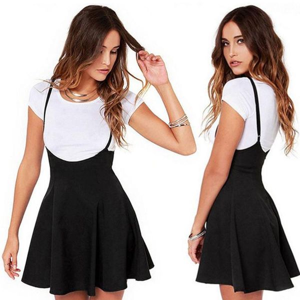 

soft summer adjustable strap fashion mini women skirt high waist strappy pleated skater casual zipper suspender backless solid, Black