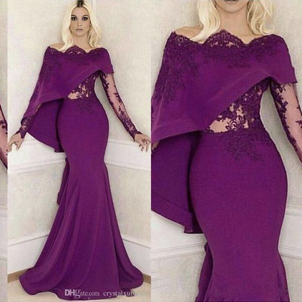 

purple prom dresses mermaid with wrap cape off shoulder long sleeves illusion lace appliques party dress evening gowns wear, Black