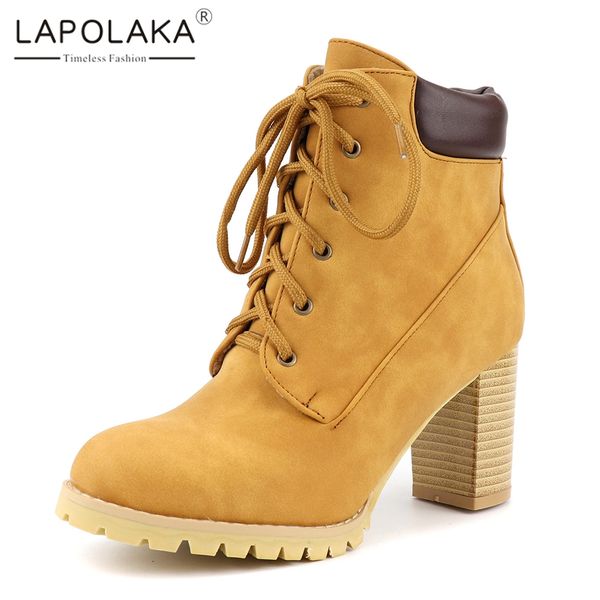 

lapolaka british high heels boots women autumn winter boots woman ankle for women lace up shoes woman size 34-43, Black