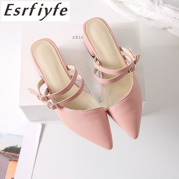 

esrfiyfe 2019 large size 31-47 summer fashion women pointed toe slipper nude thick heel outside ladies buckle brand mules shoes, Black