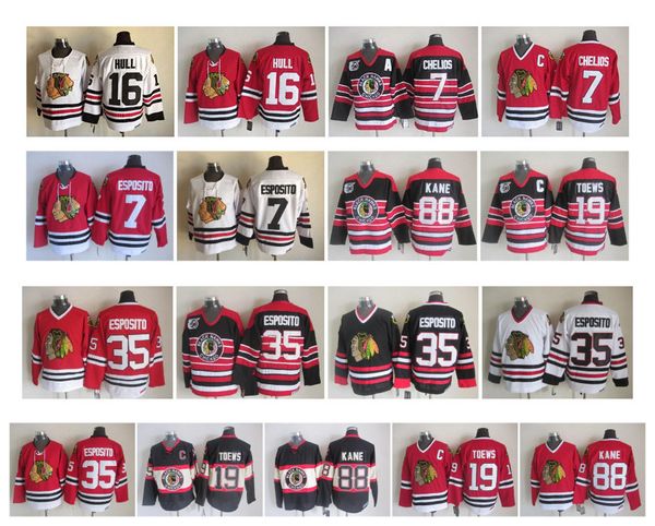 

vintage chicago blackhawks jersey 35 tony esposito 16 brett hull 3 pierre pilote 7 phil esposito chris chelios 19 toews ccm retro hockey, Black;red