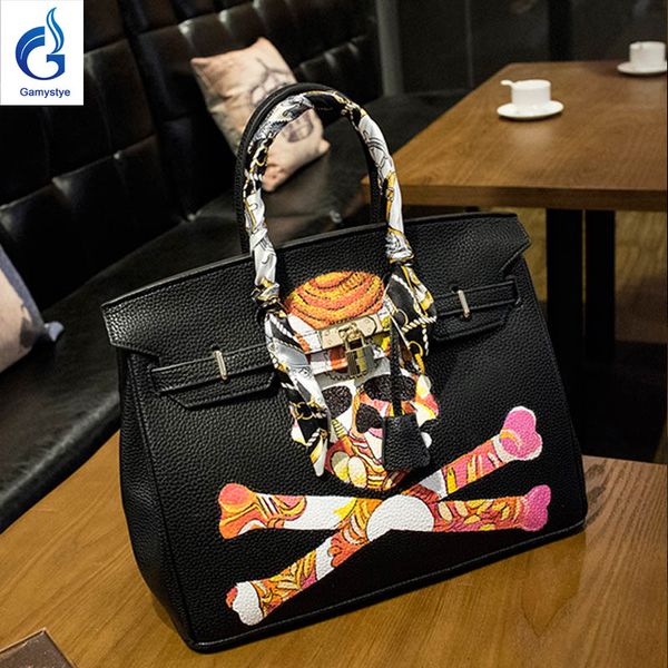 

punk skull fashion women handbags genuine leather hand painting hand drawing real cowskin designer handbags high quality