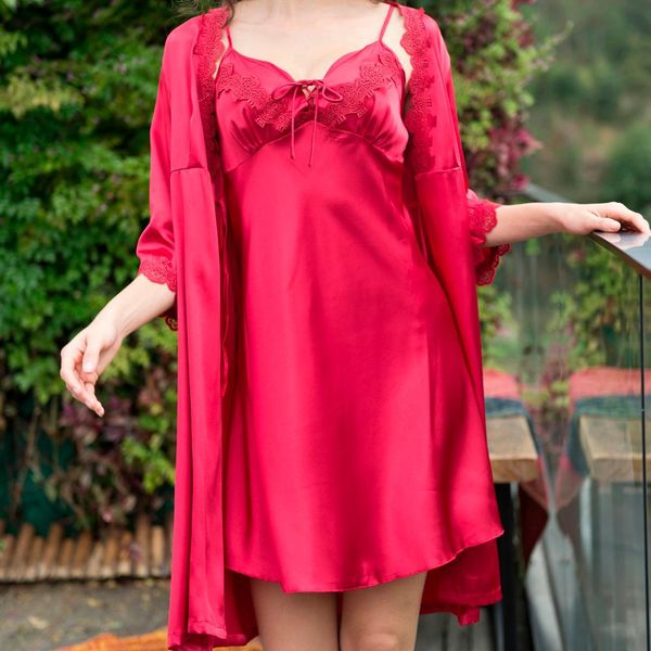 

women's satin pajamas set underwear temptation nightdress and robe set sleepwear summer home clothes #15, Black;red