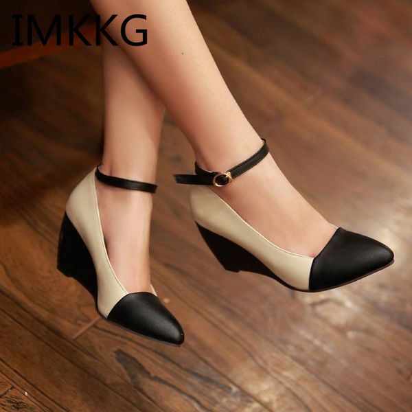 

fashion ladies new pointy toe ankle strappy womens wedge heel shoes female contrast color mary janes pumps plus size 43 v809, Black