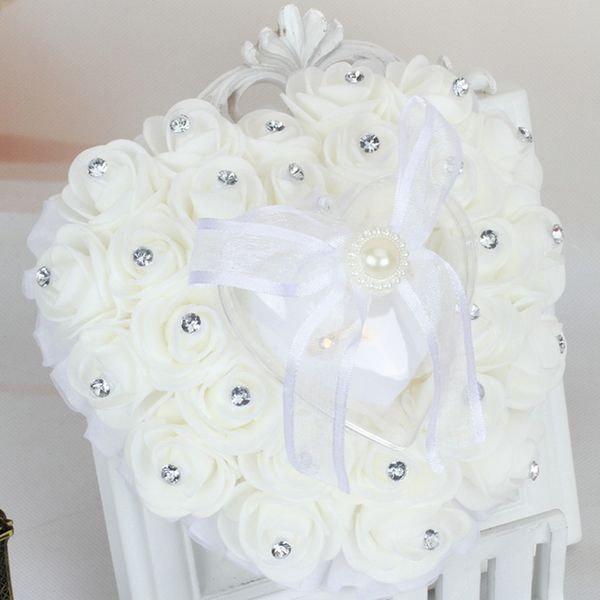 

romantic heart shape ring pillow cushion with rose flowers bowknot ribbons rhinetone pearls ring box for bridal wedding favor