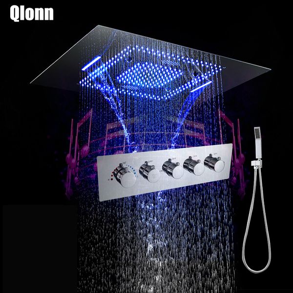 

led музыка chrome прямоугольник насадка для душа ливень водопад mist ванной термостатический латунный душа смесители громкоговорител душ наб