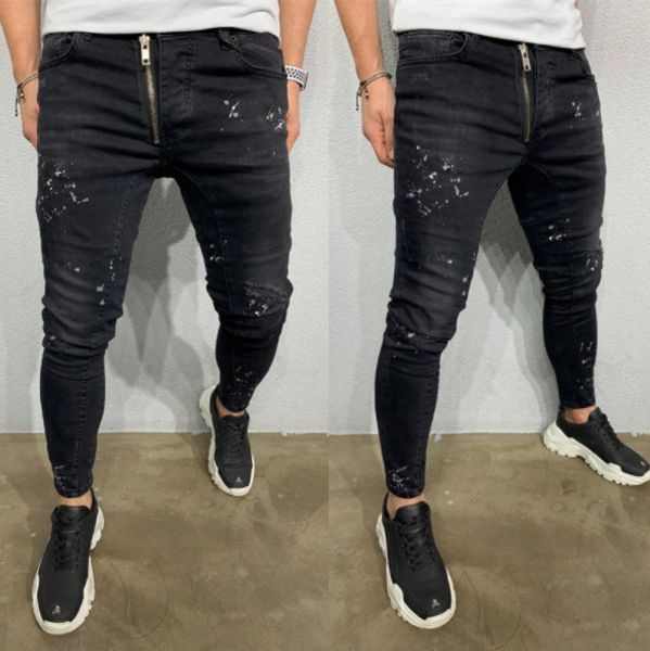 

mens designer stretch metal zipper decorated small feet slim fashion jeans, Blue