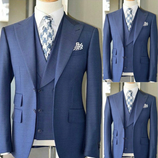 

blue mens suits soft cotton blend 2 piece ( coat+vest) peaked lapel costume homme business tailored fit tuxedos, White;black