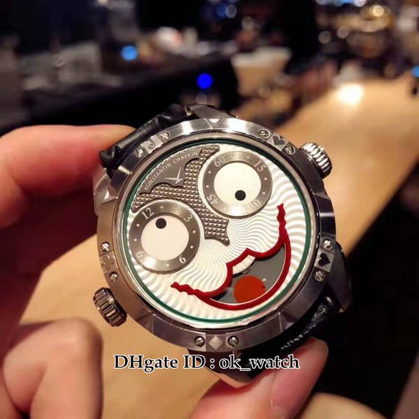 

new unique smiling face creativity konstantin chaykin joker steel case leather swiss quartz mens watch 42mm gents sport watches, Slivery;brown