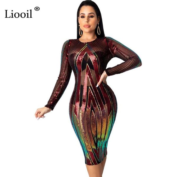 

liooil sequin print mesh bodycon midi dress women 2020 long sleeve o neck see through night club party tight fitted dresses, Black;gray