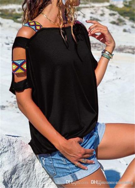 

dew shoulder hollow out womens tshirts short sleeve loose womens summer ladies tees, White