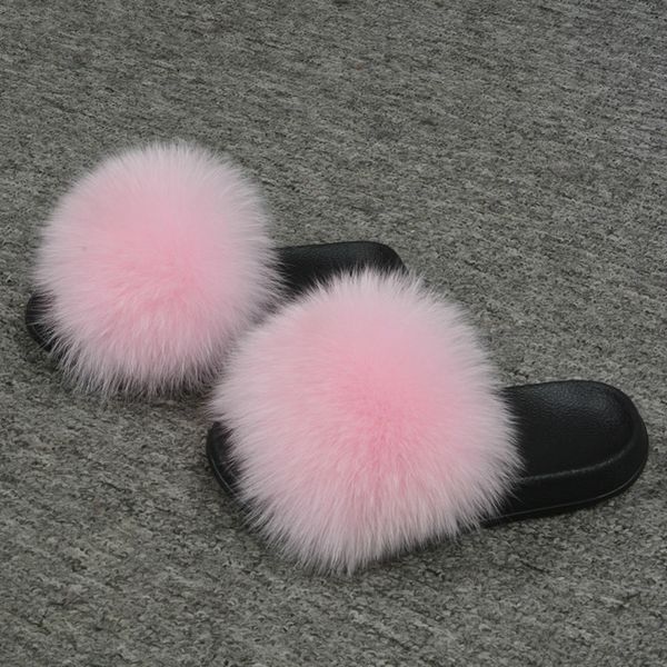 

2019 selling kids fur slippers fluffy fox fur slides for children flat soft sandals, Black