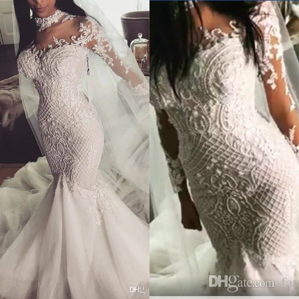 

beaded arabic 2019 modest wedding dresses long sleeves high neck mermaid bridal dresses vintage tulle wedding gowns, White