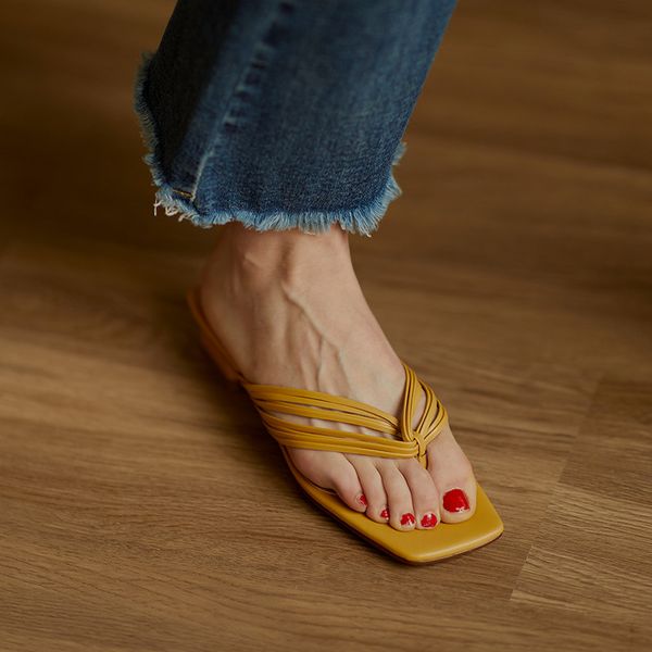 

ymechic summer fashion narrow band low chunky heels women flip flop yellow black womens slides flip flops ladies slippers 33-40