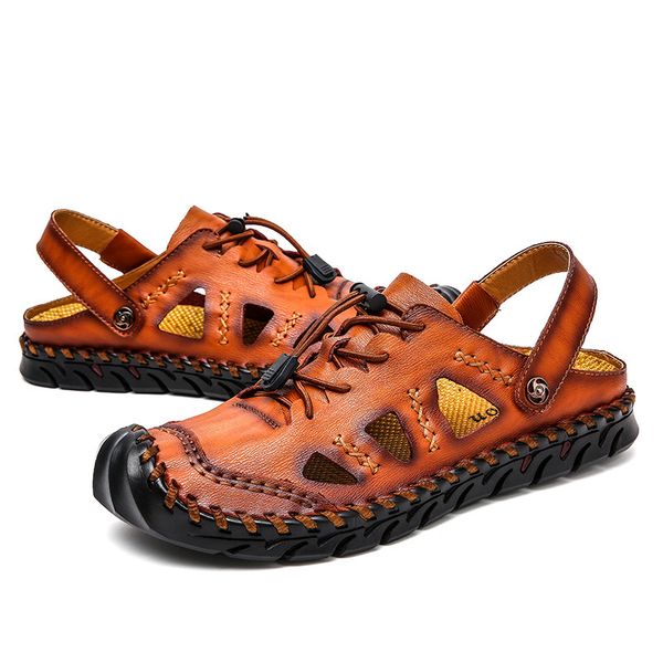

chappal for men sandale homme cuir large size sandals cow leather handmade sewing casual sandal pria sandalias de playa, Black