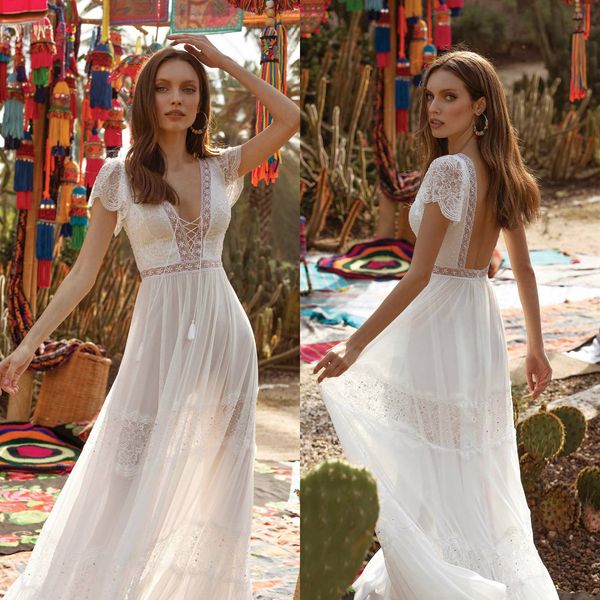 

2020 a line wedding dresses v neck short sleeves lace sequins chiffon bridal gowns custom made backless sweep train wedding dress, White