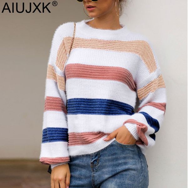 

aiujxk new autumn winter 2019 rainbow striped pullover women swearter casual warm soft sweaters and pullovers knitwear jumper, White;black