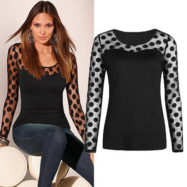 

осень зима 2016 новый сексуальный женская мода с длинным рукавом горошек повседневная свободные блузка рубашка, White