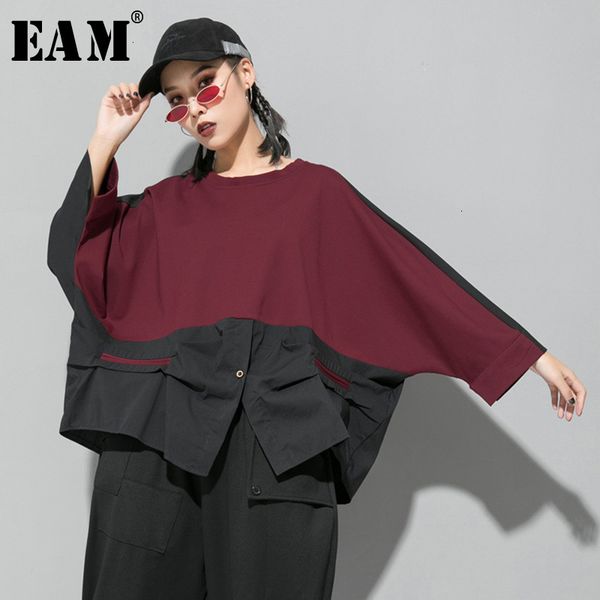 

eam] loose fit contrast color oversized sweatshirt new round neck long sleeve women big size fashion autumn winter 2020 1d716, Black