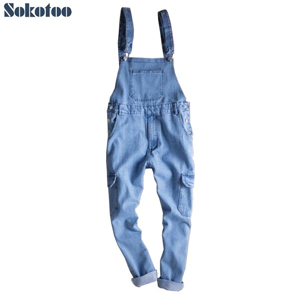 

sokotoo men's ankle length pockets cargo light blue denim bib overalls suspenders jumpsuits coveralls crop jeans