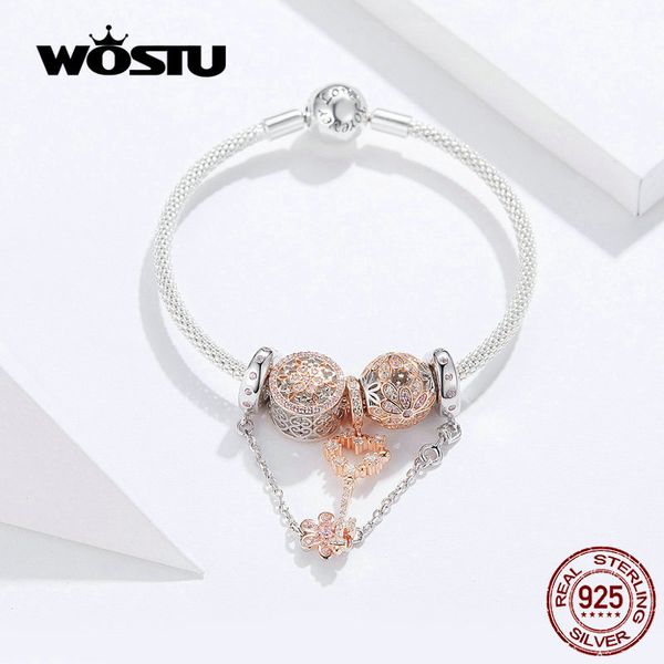 

wostu 100% стерлингового серебра 925 peach blossom ключевые розовое золото оригинальные браслет женщин charm beads изготовление ювелирных из, Golden;silver