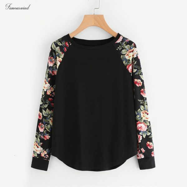 

цветочного реглан рукав рубашка письмо изогнутого хем женщины tee осень женщины футболка повседневная дамы черный с длинным рукавом футболка, White