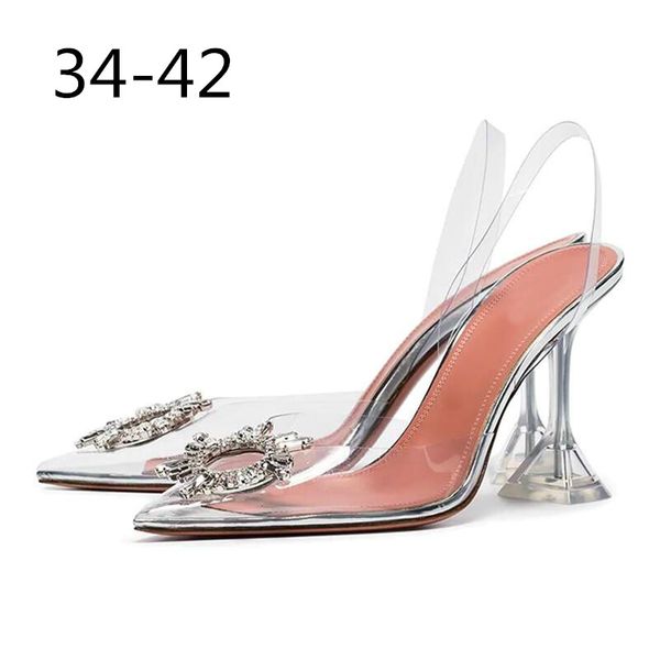 

2019 summer new pointed toe strange pvc transparent crystal shoes heel slingbacks formal ladies bling bling party shoes, Black