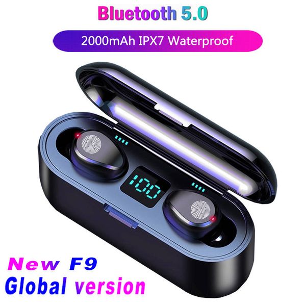 

tws 5.0 earphone f9 wireless earbuds mini bluetooth v5.0 headphone led display with 2000mah power bank music sports headset with microphone