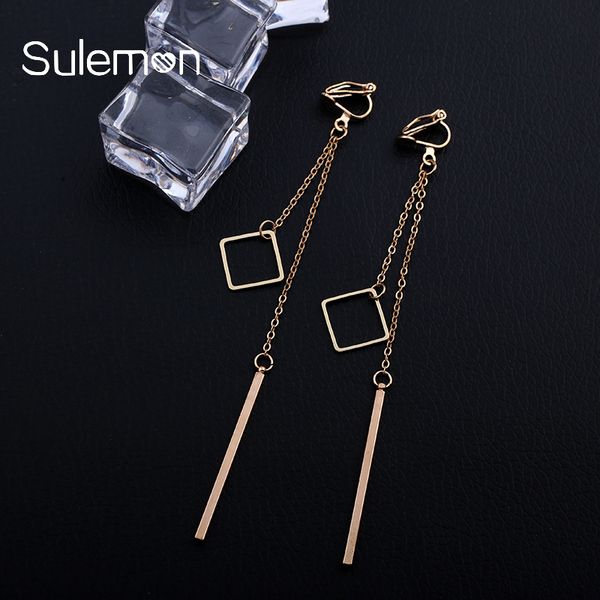 

metal double pendant clip on earrings women girl fashion no ear hole pending long earrings simple style geometric jewelry ce38, Silver