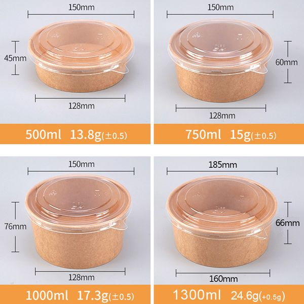 

factory wholesale kraft paper salad bowl take away food container 500ml 750ml 1000ml 1300ml with pet pp lid