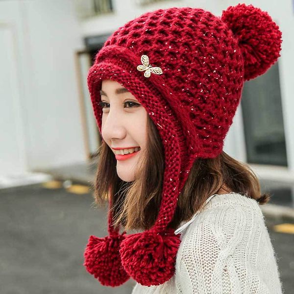 

butterfly hat woman winter thick warm korean wave sweet and lovely student velvet ball knitted wool hat earmuffs, Blue;gray