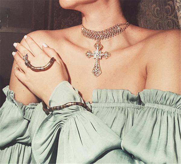 

luxury cross pendant statement necklace 2020 big rhinestone choker maxi crystal necklaces collier femme jewelry collares, Golden;silver