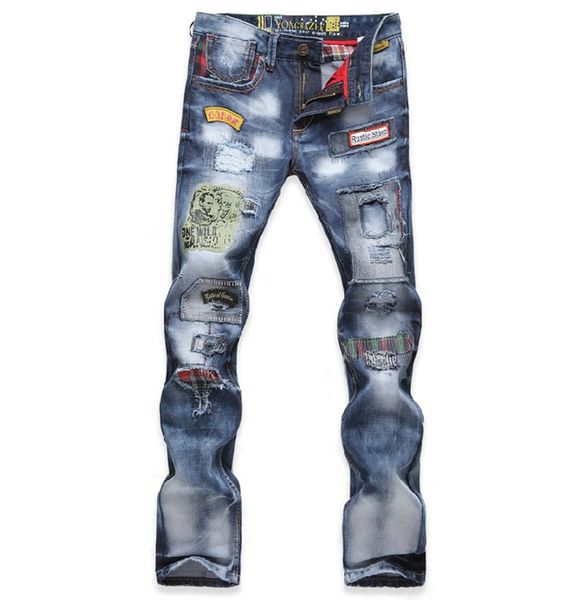 

fashion mens distressed jeans faded denim light wash 90s mens pants trouser cotton jeans holes slim jeans, Blue