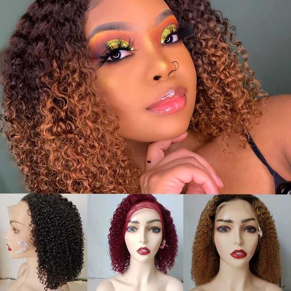 

dreamdiana mongolian kinky curly bob wig ombre remy front lace wig 100% colored human hair 99j 150 density 13x4 lace l, Black;brown