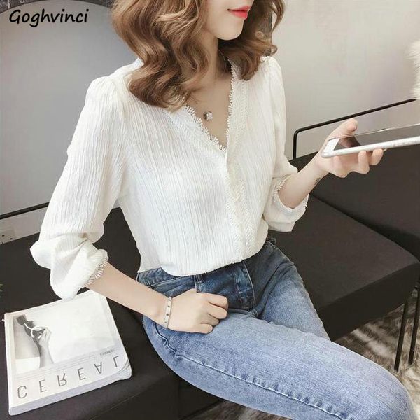 

women blouses v-neck chiffon summer solid korean style lace lined female button elegant slim ulzzang leisure all-match simple, White