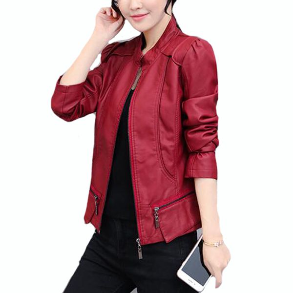 

womens leather jacket coat spring autumn women stand collar zipper pu leather jacket black,red jackets s-xxxl