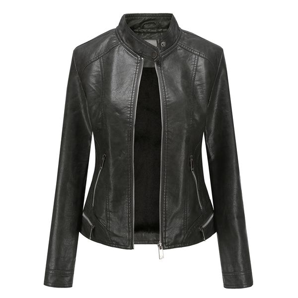 

women leather jacket slim vintage matte leather coat wool inner winter suede stand collar motor biker outerwear jacket fashion, Black